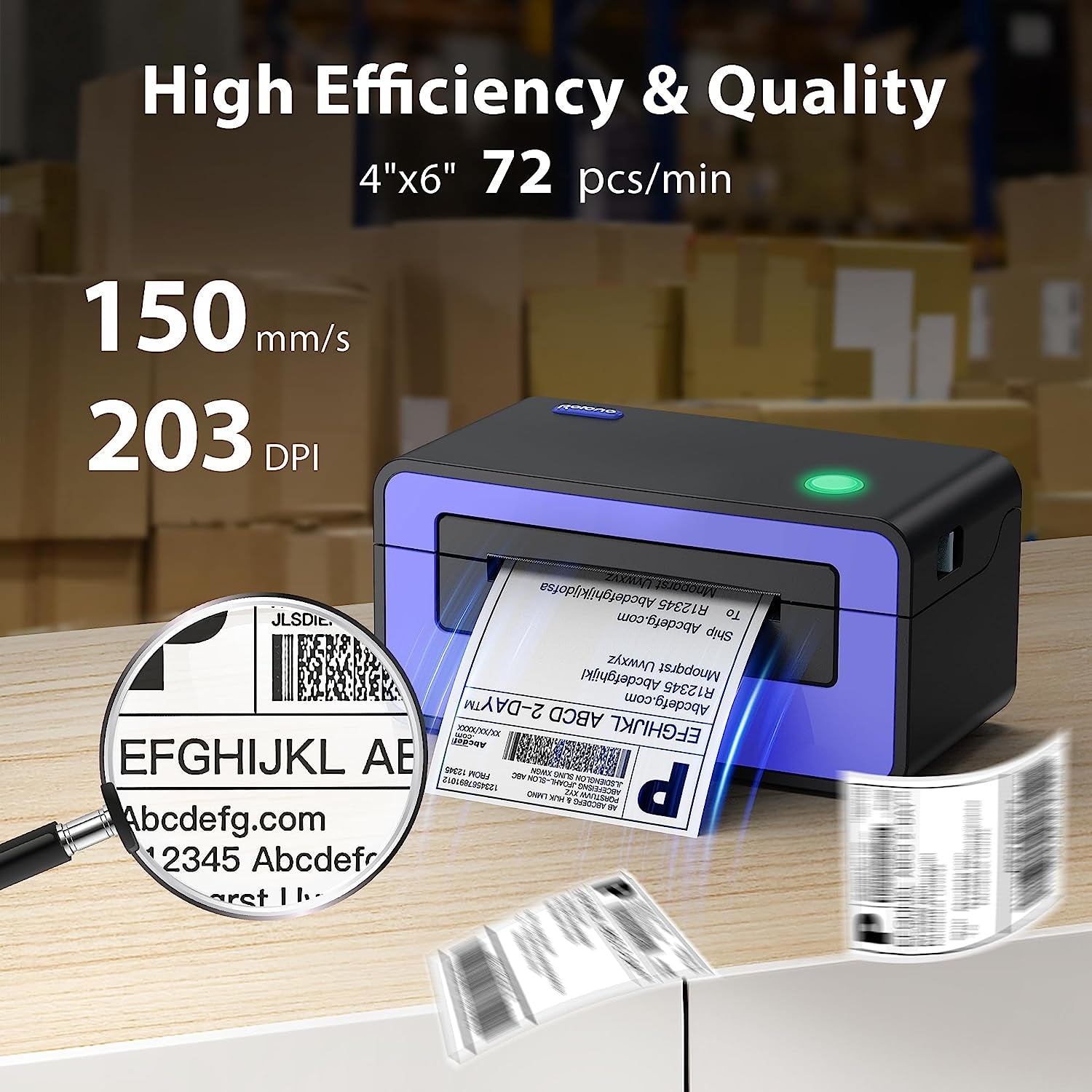 Label Printer - 150Mm/S 4X6 Thermal Label Printer, Commercial Direct Thermal Label Maker, Compatible with Amazon, Ebay, Etsy, Shopify and Fedex, One Click Setup on Windows and Mac