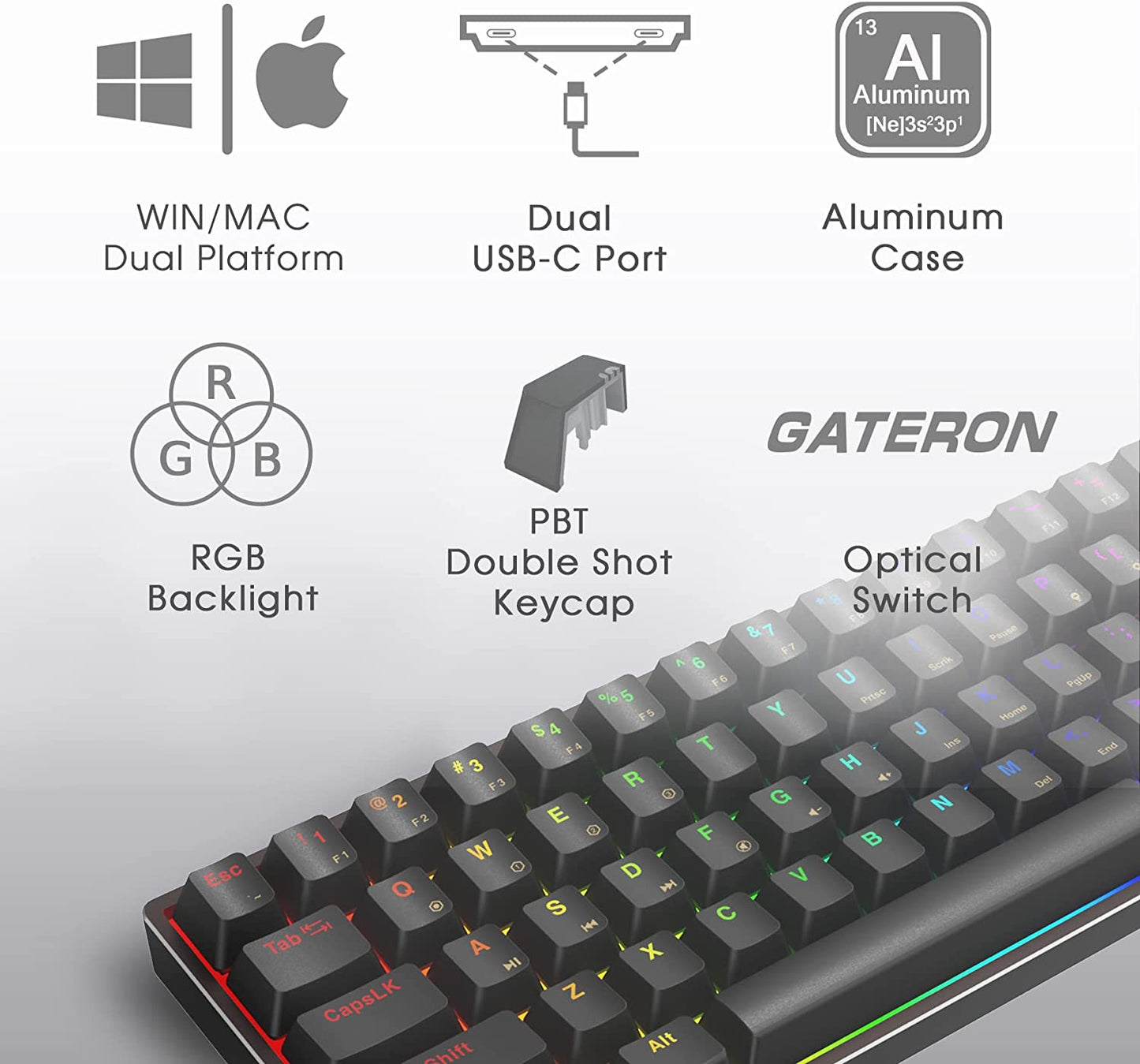 AG AC61M GK61 RGB Gaming Keyboard - 61 Keys Aluminum Case Two USB-C Ports PBT Keycap Hot Swappable Programmable for Pc/Mac Gamer (Gateron Optical Green, Black Color)