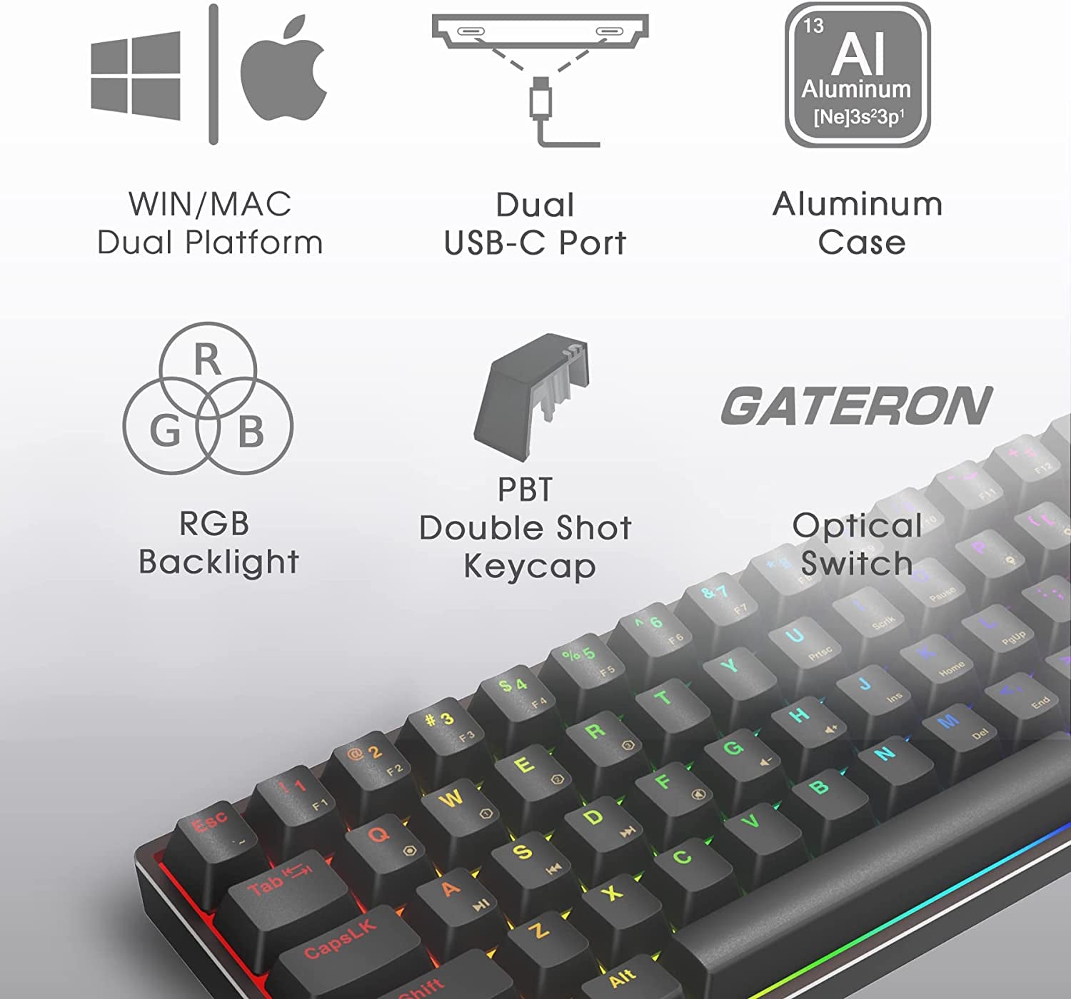 AG AC61M GK61 RGB Gaming Keyboard - 61 Keys Aluminum Case Two USB-C Ports PBT Keycap Hot Swappable Programmable for Pc/Mac Gamer (Gateron Optical Green, Black Color)