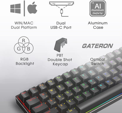 AG AC61M GK61 RGB Gaming Keyboard - 61 Keys Aluminum Case Two USB-C Ports PBT Keycap Hot Swappable Programmable for Pc/Mac Gamer (Gateron Optical Green, Black Color)