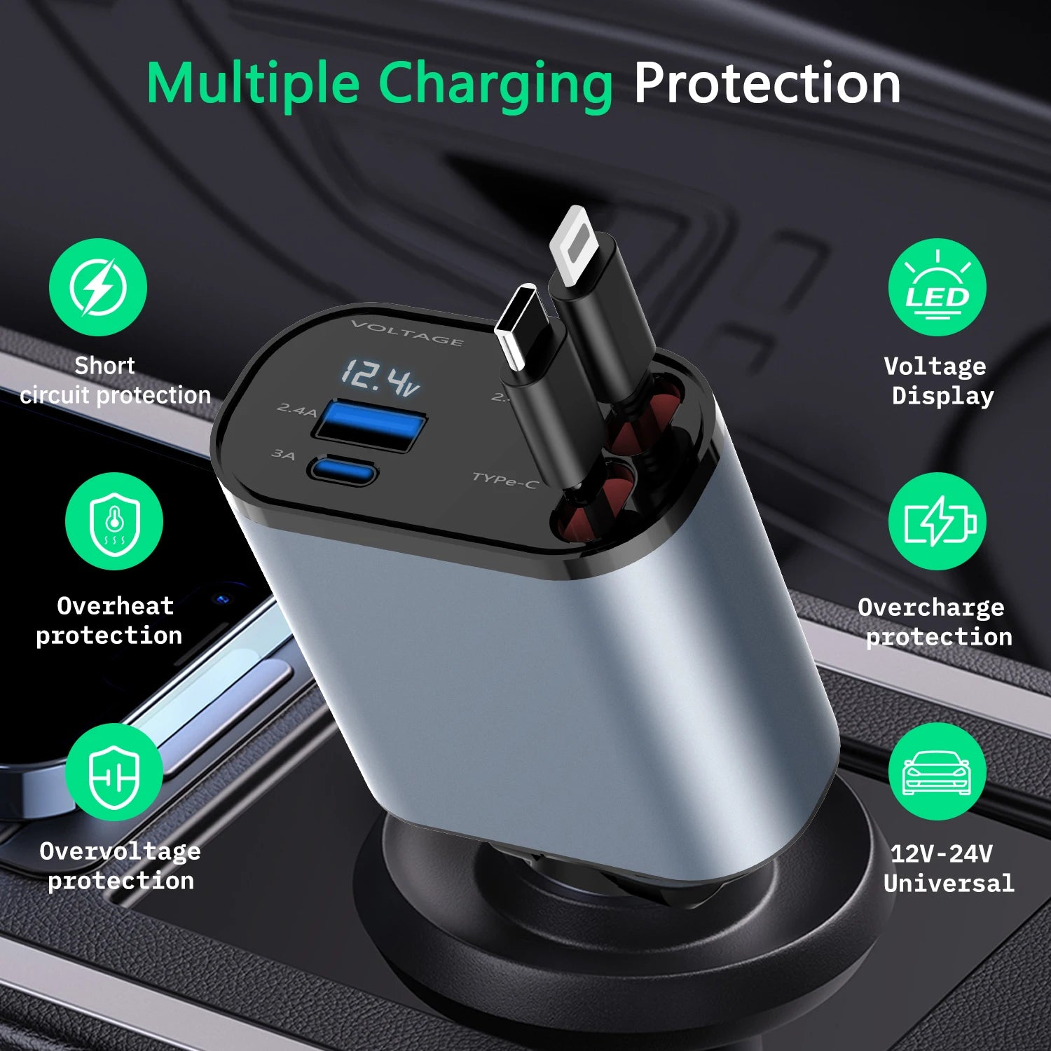 2024 New Retractable Car Charger 4 In1 Fast Car Phone Charger 66W Retractable Cables (2.6Ft) and 2 USB Ports Car Charger Adapter