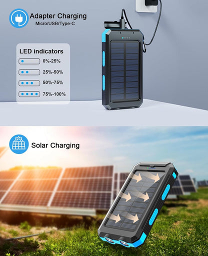 Solar Power Bank,Portable Charger 38800Mah, Waterproof with Dual LED Flashlights