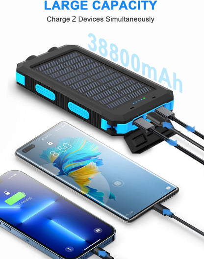 Solar Power Bank,Portable Charger 38800Mah, Waterproof with Dual LED Flashlights