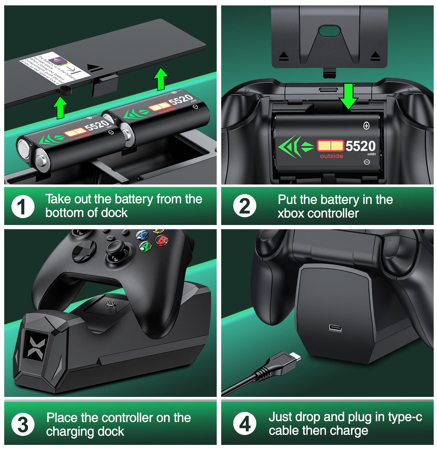 Xbox Controller Charger Station for Xbox Series X Controller, 2 X 2550Mah Rechargeable Battery Pack for Xbox Series S/Xbox One X/One S/Xbox Elite Controller（Not Include Controller）